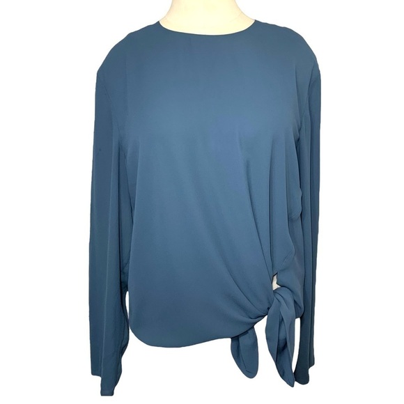 BABATON Aritzia Tadema Blouse Blue Tunic Pullover Long Sleeve Slits Tie Front - Picture 1 of 15